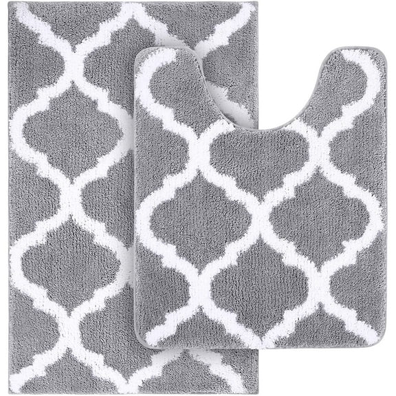 Bathroom Rugs Set 2 Piece, Microfiber Bath Shower Mat and U-Shaped Toilet Rug, Machine Wash Dry, Non-Slip Absorbent Shaggy Bath Mats for Tub, Shower and Bathroom (30"x20" 24"x20", Grey) Grey