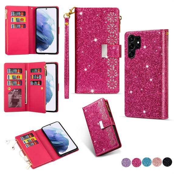 SaniMore for Samsung Galaxy S22 Ultra Star Laser Engraving Case, Magnetic Flip Zipper Wallet Cover Support Wrist Strap Card Slot & Kickstand Shockproof Protective Shell for Girls Ladies, Rose