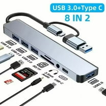 Convertible USB & USB Type C 8 in 1 USB Hub with Multiple Ports Docking Station, Light Weight Slim Design USB Hub, USB Type C, USB 3.0, USB 2.0, SD/TF, Audio Ports for Computer, Laptop, Tablet
