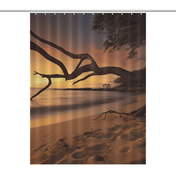 Beach Ocean Sunrise Sunset Shower Curtain , Enchanted Forest Scenic Bathroom Decor Sets, Waterproof Fabric with Hooks