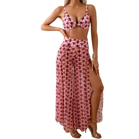 Previn Women s 3 Piece Bikini Set Cover Up Pant Printed Adjustable Shoulder Straps Bath Suit Cool Curvy Brief Beachwear Billowy Spring Break Dark Pink Medium