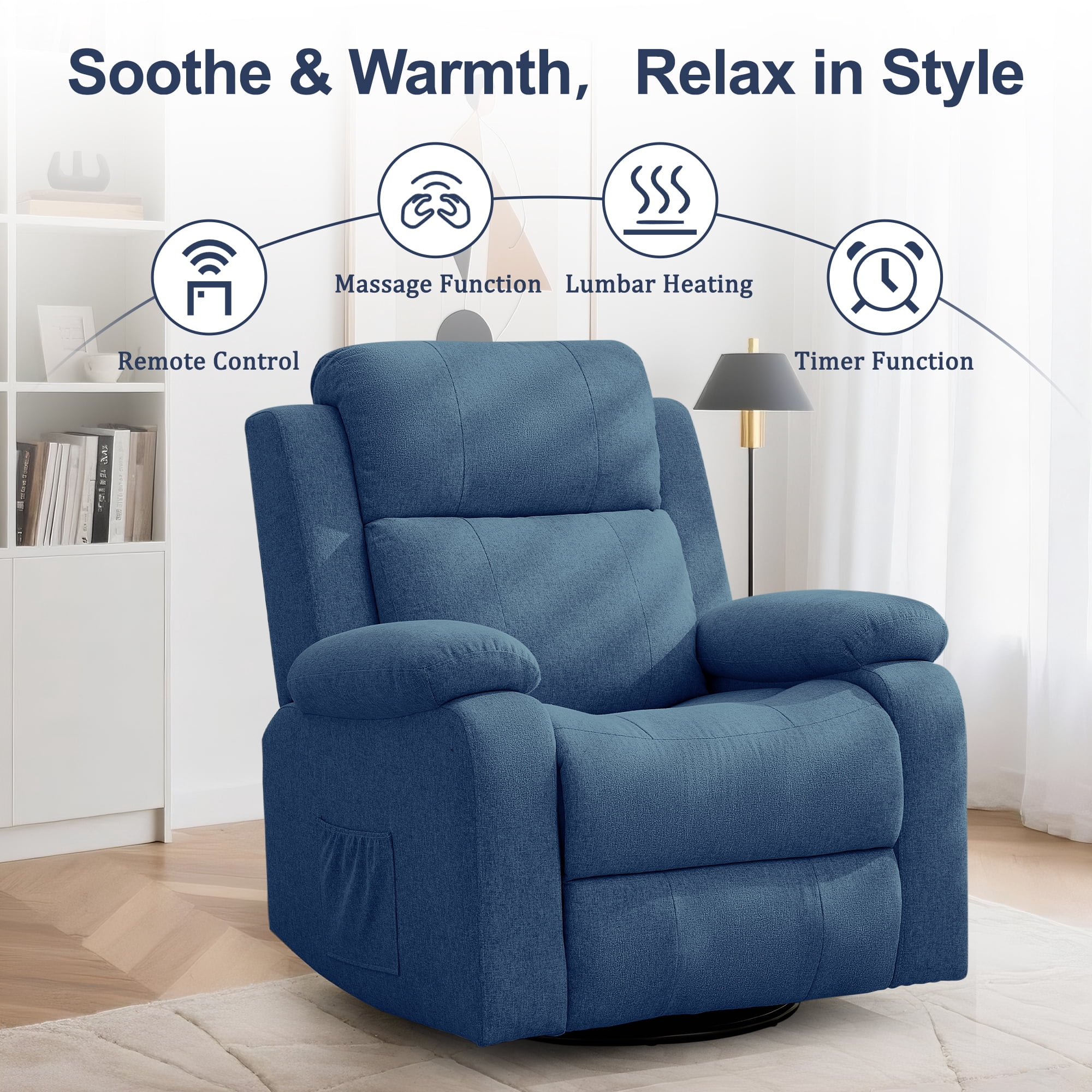 Korser Swivel Rocker Recliner Chair for Adults with Massage and Heat,Upholstered Manual Recliner with Side Pockets Glider Recliner for Living Room,Linen,Blue