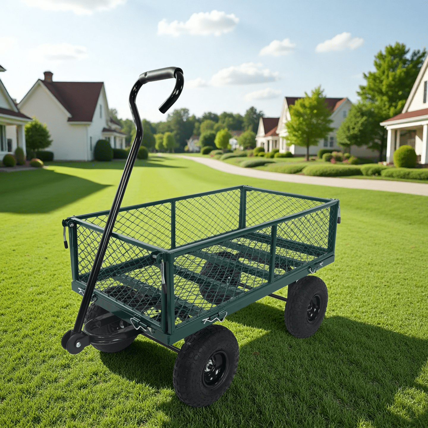 550lbs Foldable Garden Wagon Cart, Green Utility Truck with 10" Pneumatic Tires, 4-Side Removable Mesh & 180° Rotating Handle, Heavy-Duty Steel Frame for Firewood Plants Soil Transport
