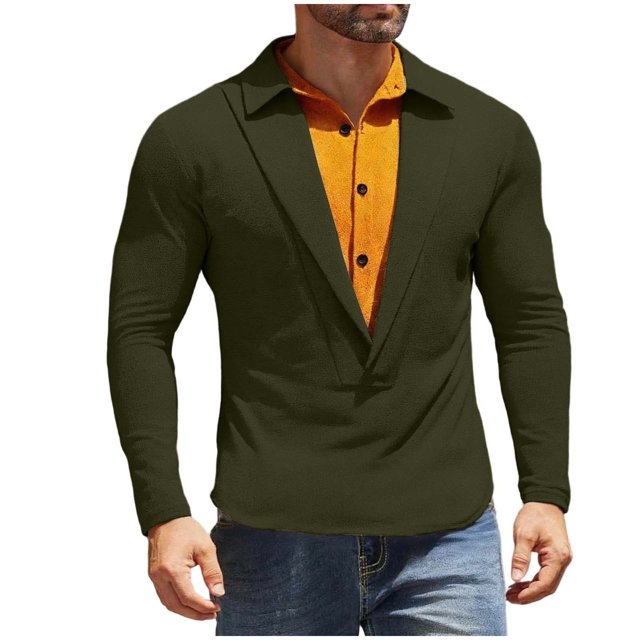 Kalauyu Mens Long Sleeve Muscle T Shirts Casual V-Neck Fake Two Pieces Tee Shirts