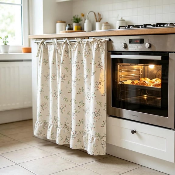 Oven Skirt Curtain with Pockets,Cotton Blend Stove Cover Skirt with Tabs & Ruffled Trim & Ribbon Ties, Rustic Decorative Oven Door Curtain for Dishwashers,Washing Machines & Ranges