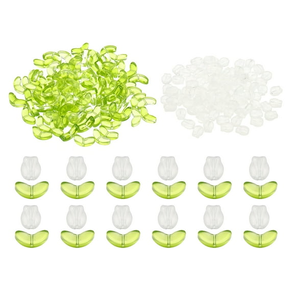 Unique Bargains Perles en Verre Cristal Fleur Tulipe, Lot de 200 Perles Texturées en Verre Artisanal, Blanc/vert