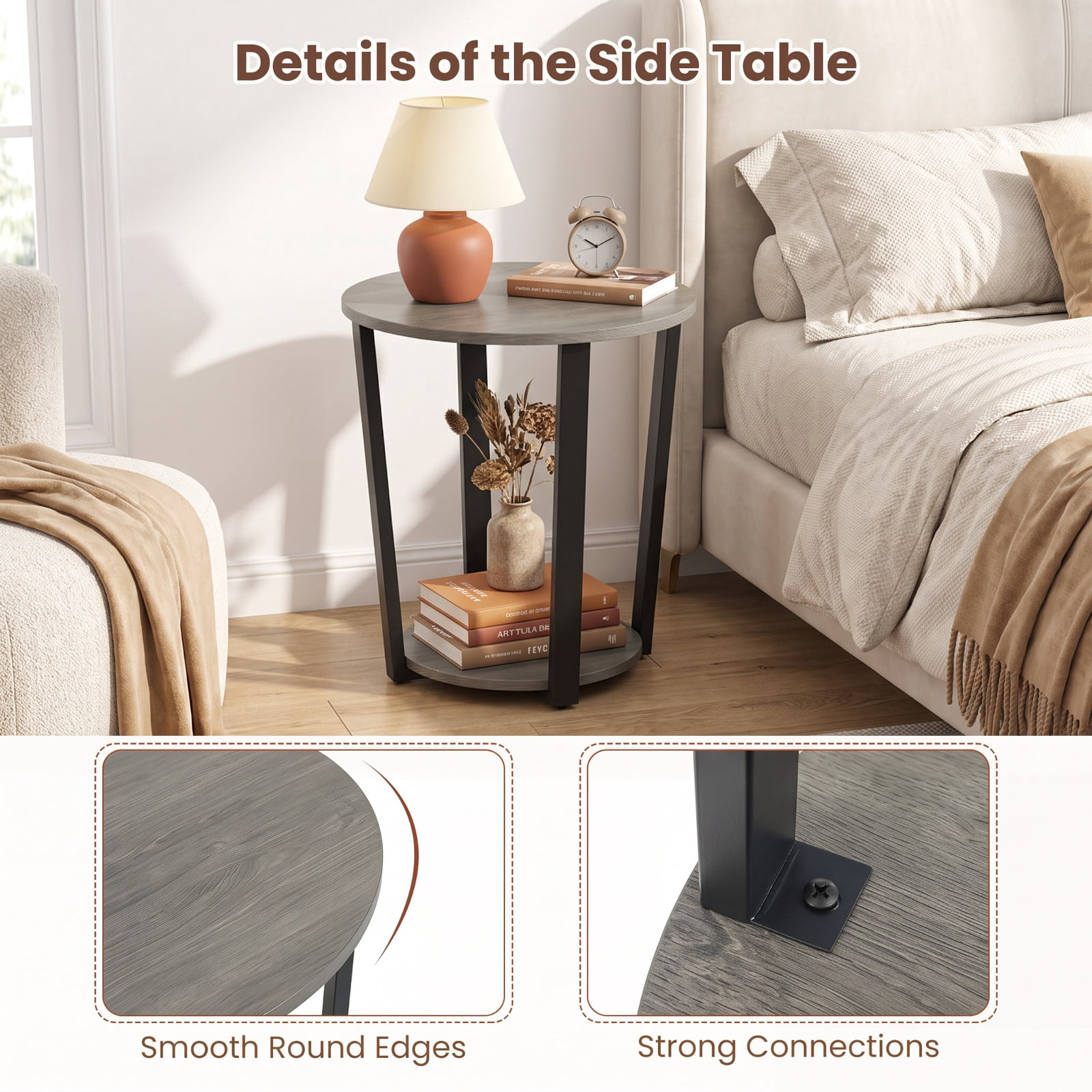 Furnibear 2 Tier Round End Table with Storage Shelf and Metal Frame for Living Room Bedroom and Office Nightstand Side Table, Oak