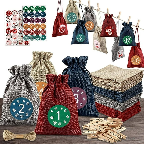 DIY Advent Calendar ,Jute Bag Advent Calendar Bags ,24 PC Christmas Calendar Craft Set Fabric Bag with 1-24 Advent Numbers Stickers (H)