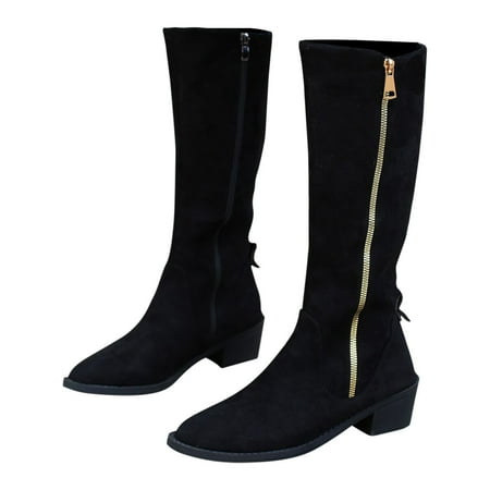

Leopard Print Knee High Boots for Women Chunky Heel Pointed Toe Western Boots Dressy Faux Suede Mid Calf Boots