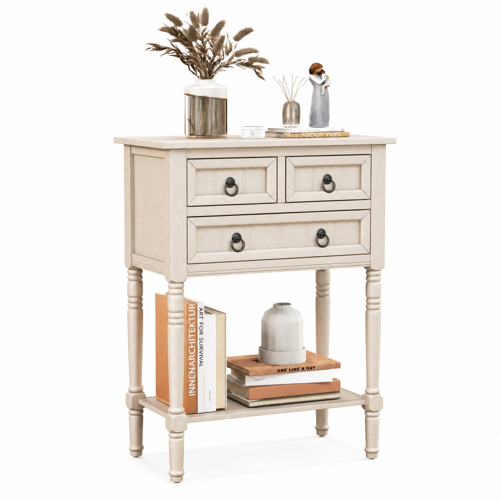 Furnibear Narrow Console Table with 3 Storage Drawers Open Bottom Shelf and Solid Wood Legs for Entryway Hallway and Living Room, Beige