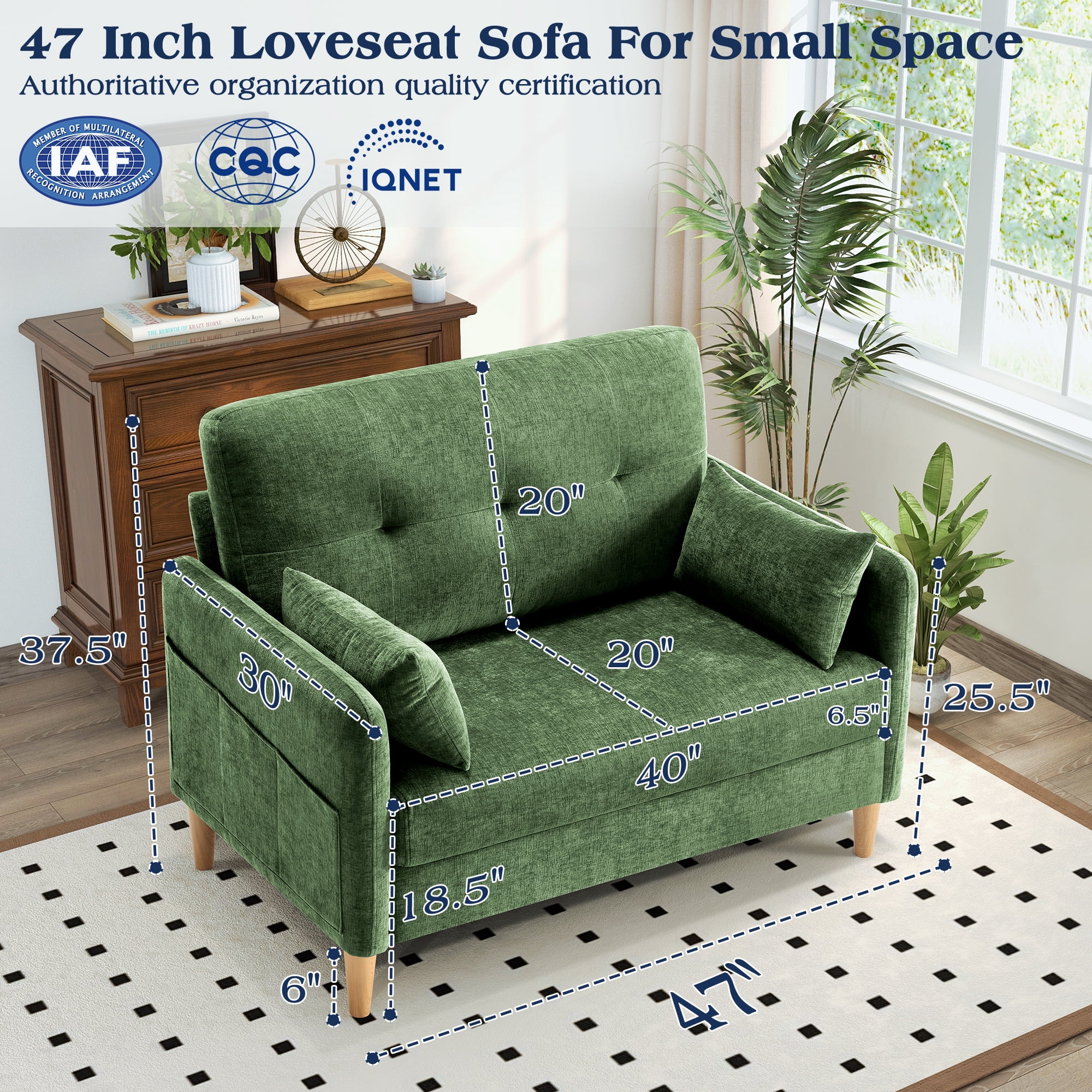 BedLuxury 47’’ Wide LoveSeat,2-seat Chenille sofa with 2 Pillows for Living Room and Small Spaces,Green