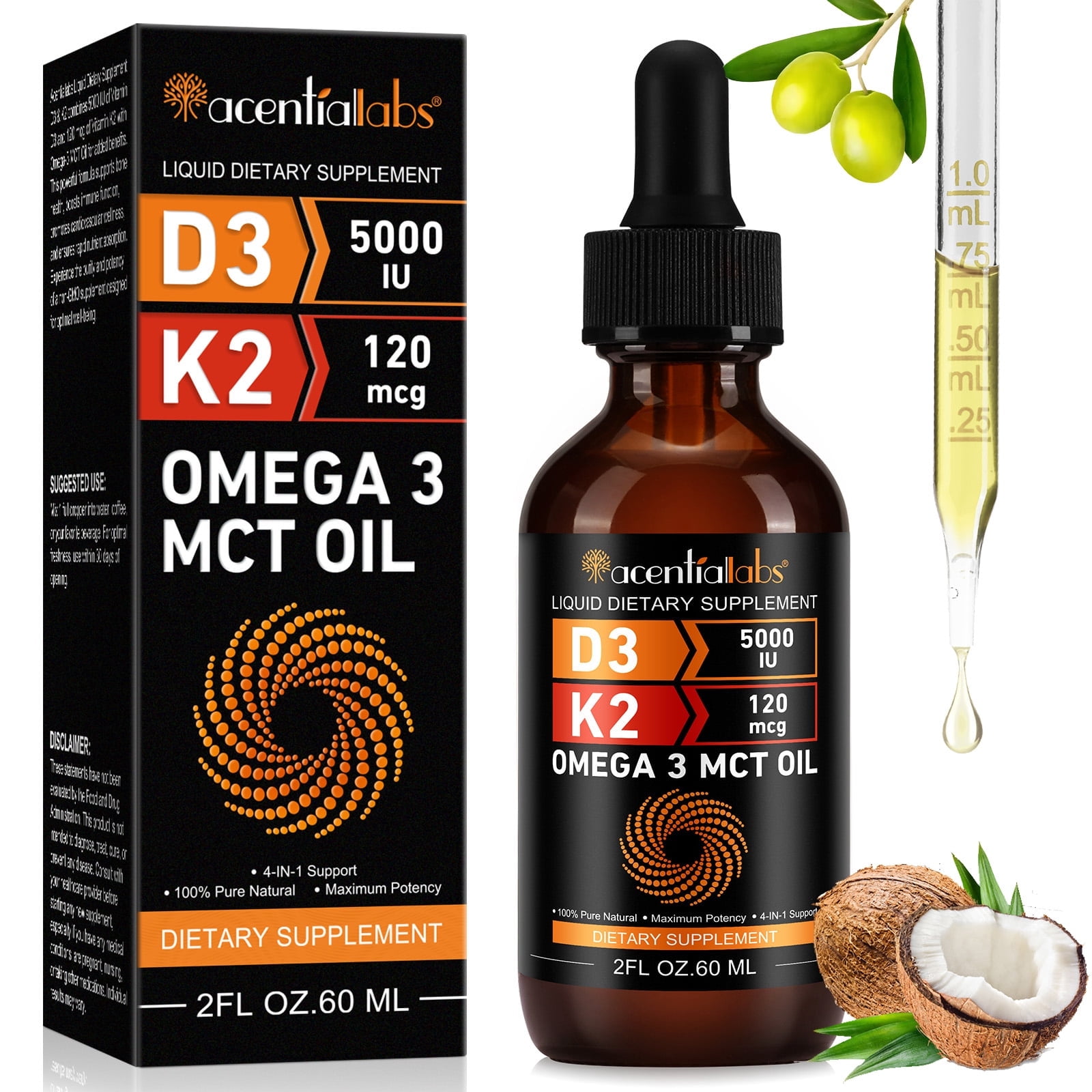 Vitamin D3 K2 Liquid Drops, 5000 IU D3 & 120Mcg K2 per Serving with MCT Oil, Supports Bone & Joint Health, 2 FL OZ