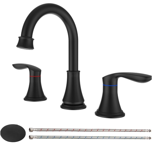 JERFIT 8 inch Widespread Bathroom Faucet Matte Black, 2-Handle 3-Hole Deck Mount Lavatory Sink Faucet with 360° Swivel Spout and Pop-Up Drain
