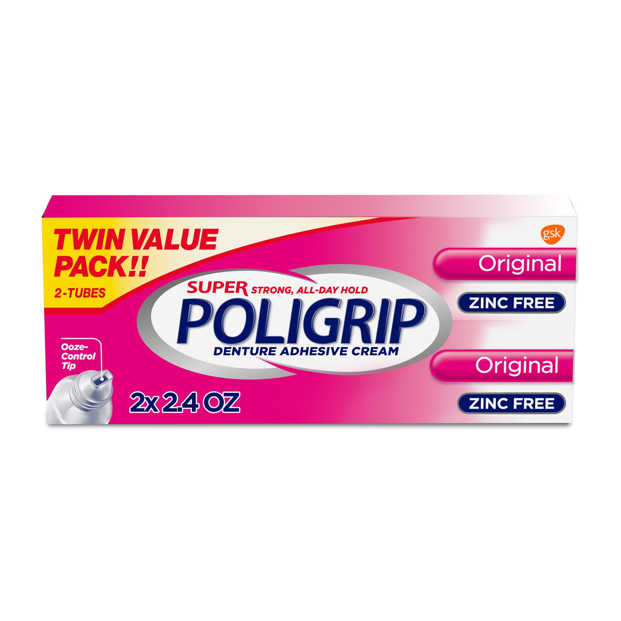 Super Poligrip Original Denture and Partials Adhesive Cream, 2.4 Oz, 2 Pack