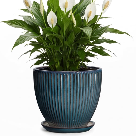 Wliror 8 Inch Retro Blue Ceramic Plant Pot with Drainage – Vintage Round Planter for Indoor Plants, Succulents, Herbs
