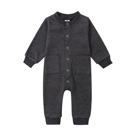 

Musuos Baby Romper Round Neck Long Sleeve Waffle Texture Solid Color Button Down Elastic Cuff Jumpsuit