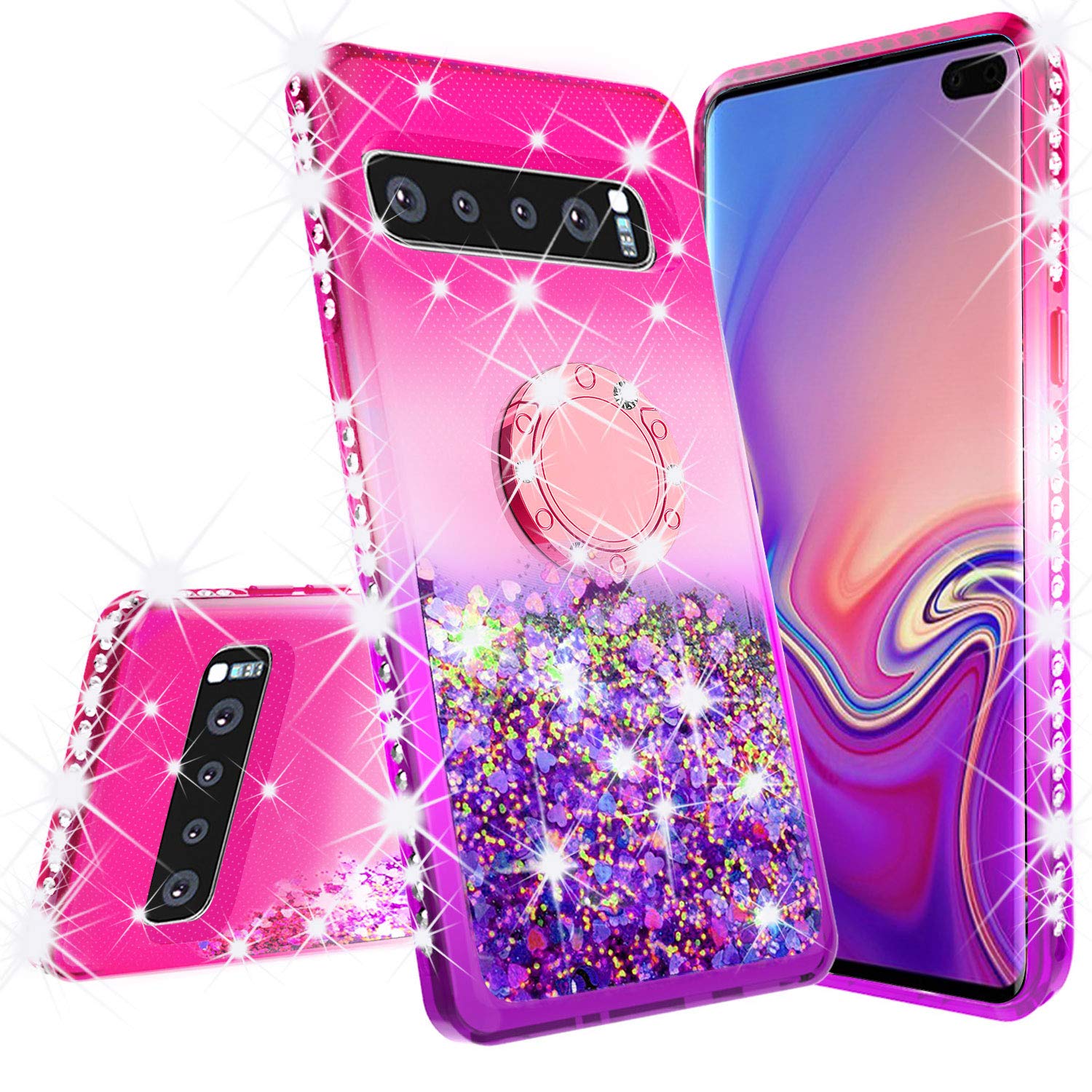 For Samsung Galaxy S10 Case,Ring Stand Glitter Liquid Quicksand Waterfall Floating Sparkle Shiny Bling Diamond Girls Cute Shock Proof Phone Case Cover for Galaxy S10 - Hot Pink/Blue - image 2 of 5