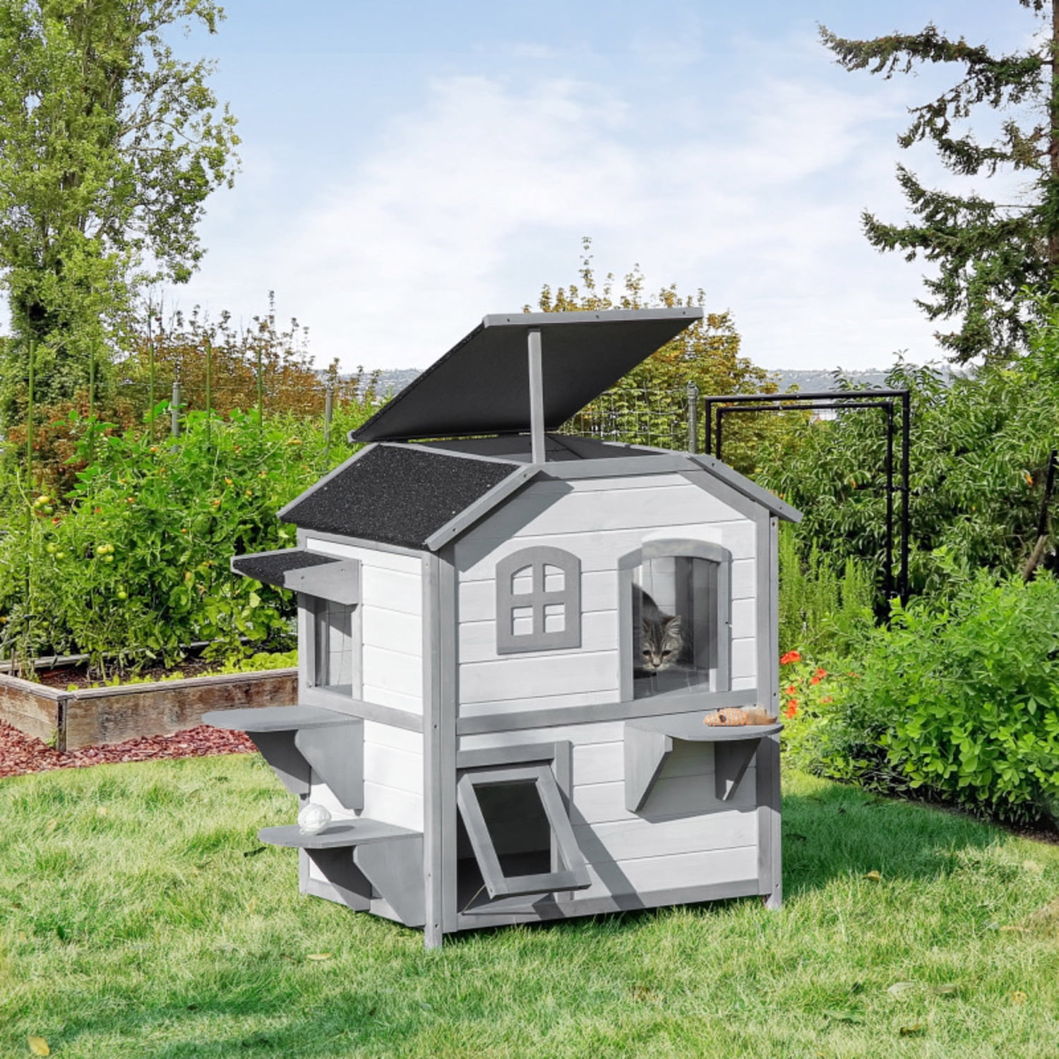 PawHut 2-story House Outdoor, Weatherproof Wooden Cat Enclosure for Feral Cats with Escape Door, Openable Roof, Jumping Platforms