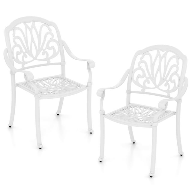 Gymax Set Of 2 Patio Cast Aluminum Dining Chairs Armrests Outdoor Stackable White
