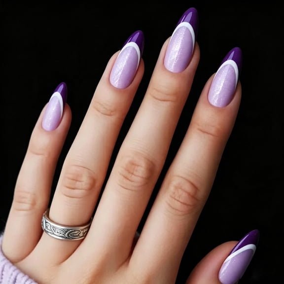 YTTAL Medium Almond Press on Nails, Purple French Tip Fake Nails, Shimmer Light‑Purple White Curve False Nails, Glossy Glue‑on Nails for Women, Buy 2 Get 1 Free, 24 Pcs