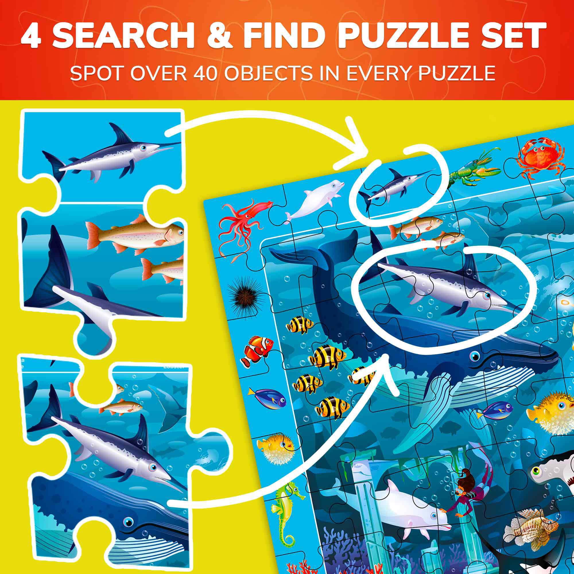 QUOKKA 100-Piece Kids Puzzles Ages 4-8 – 4-Pack Animal & Dino Jigsaw – Learning Search and Find Game