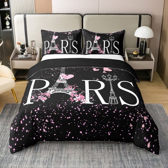 Paris Comforter Cover Set Full Size Eiffel Tower Bedding Set Black and Pink Chic Paris Bedroom Decor Duvet Cover Teens Women Romantic Modern French Bedspread Cover (No Comforter)