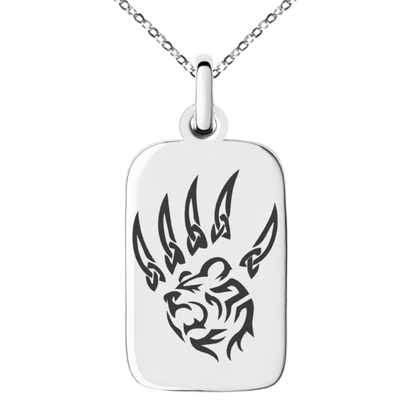 Tioneer Stainless Steel Ferocious Bear Claw Engraved Small Rectangle Dog Tag Charm Pendant Necklace