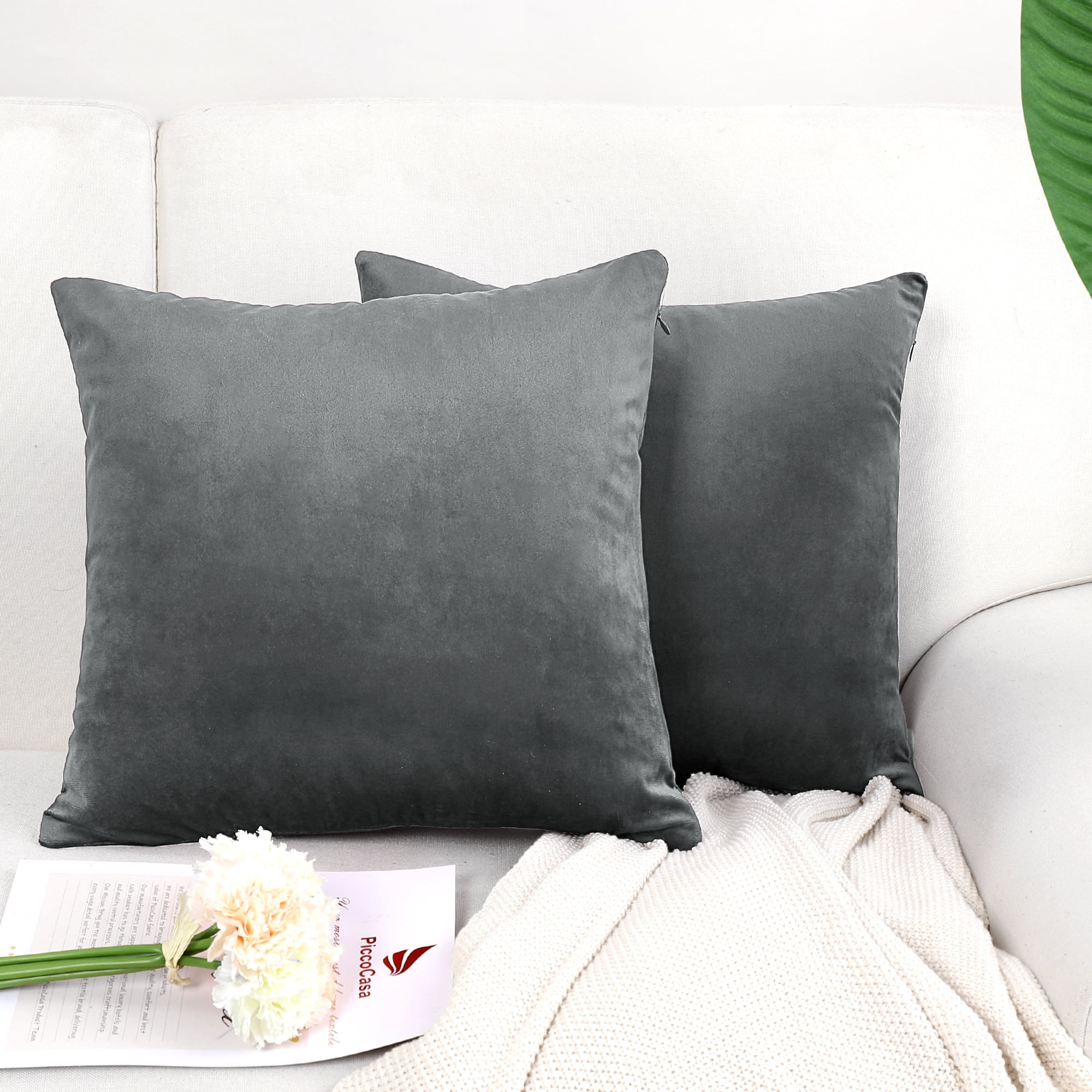 Unique Bargains 2-Pack Solid Velvet Decorative Throw Pillow Covers Gray 16"x16"