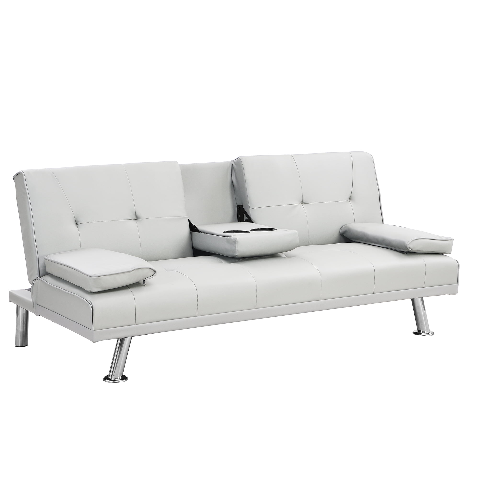 Leather Futon Sofa Bed Convertible Folding Couch Modern Faux Leather with Cupholders and Pillows