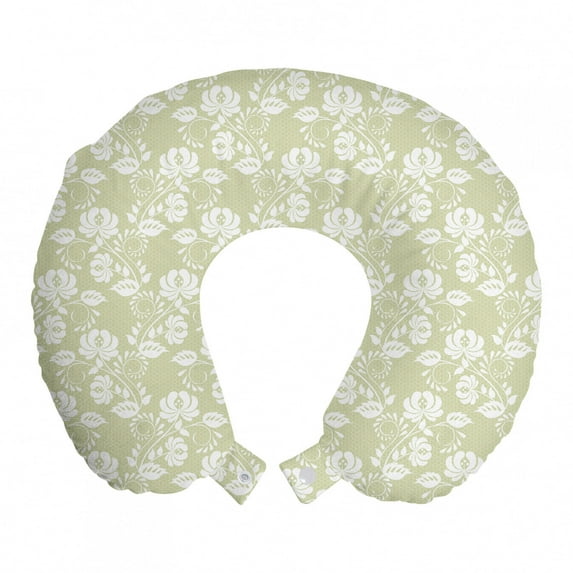 Vintage Travel Pillow Neck Rest, Repetitive Pattern with Lace Like Ornate Curly Flowers on Thin Hexagons Grid, Memory Foam Traveling Accessory Airplane and Car, 12", Pale Khaki White, by Ambesonne