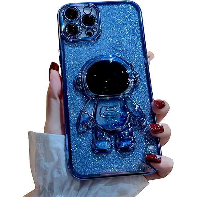 Funda 6D Bling Astronaut para iPhone 13 Pro, con baño líquido, purpurina flotante y arena movediza, para mujer y niña, azul (Astronauta fijo, sin soporte)