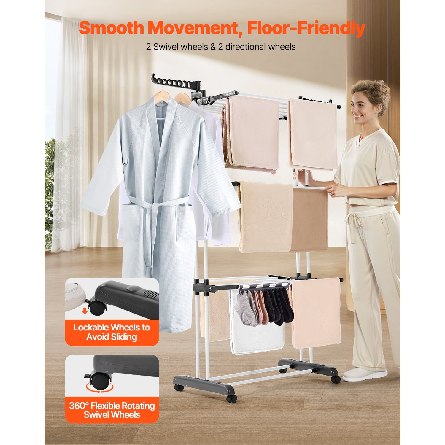 KFFKFF 4-Tier Clothes Drying Rack, Sturdy Laundry Drying Rack with Wheels and 24 Rods, Wings Foldable, Clothes Hanger for Indoor and Outdoor