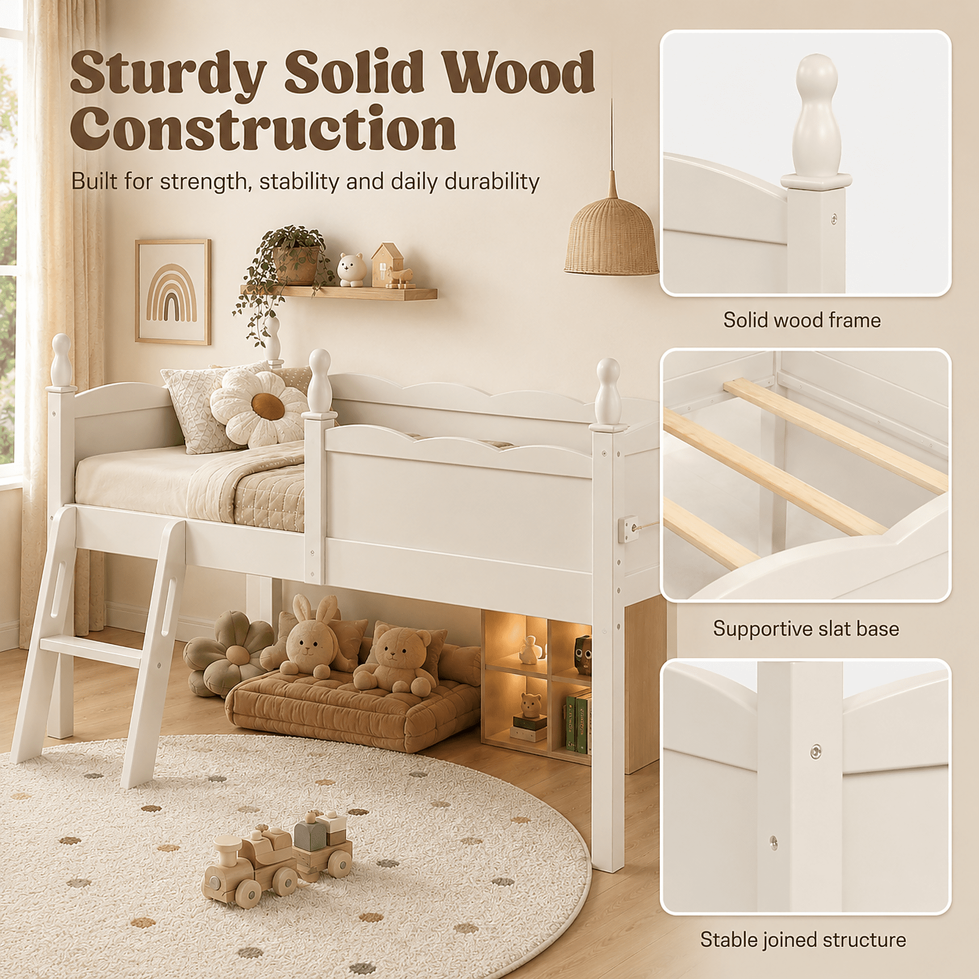 Miniyam Twin Low Loft Bed with Bookshelf and Guardrails, Wood Kids Bed for Bedroom, White