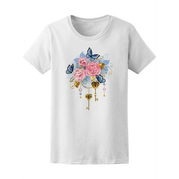 Smartprints Womens Graphic Tee - Antique Gold Keys With Flowers - Regular Fit 100% Cotton
