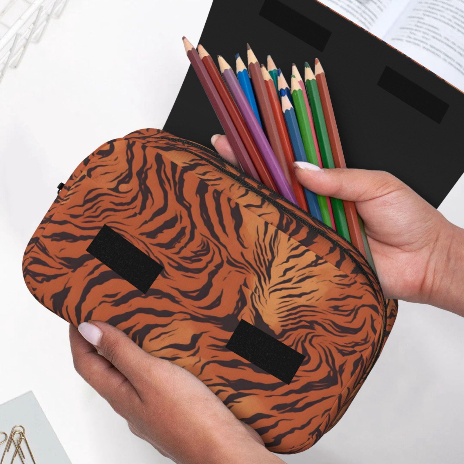 Large-Capacity Flip-Top Double-Layer Pencil Case, Multi-Functional Pocket Pen Case, Durable Stationery Organizer Tiger Print Style Darkred_1