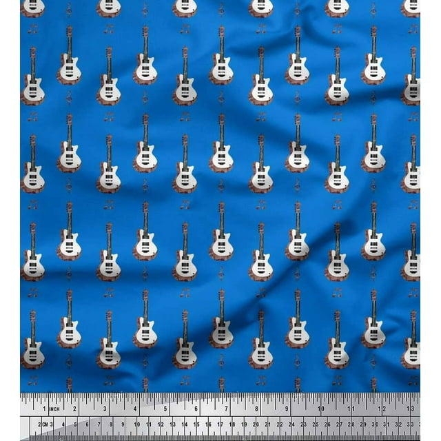 Soimoi Tissu Crêpe Polyester Notes & Guitare Instrument de Musique Imprimé Tissu au Mètre 42 Pouces de Large