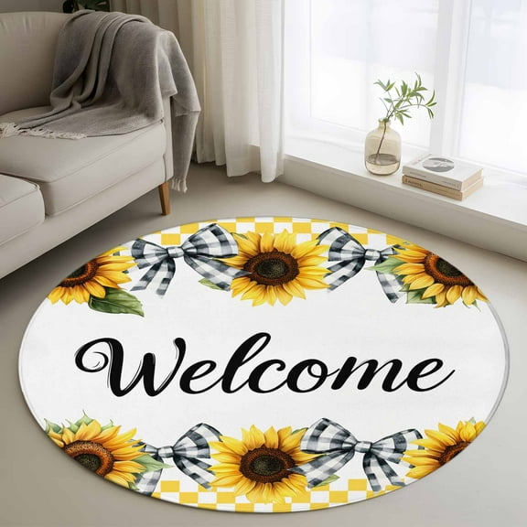 Spring Sunflower Round Rug 3ft Washable Circle Entryway Rugs Non Slip Yellow Plaid Bows Country Rustic Area Rug Indoor Floor Carpet for Bedroom Kitchen Living Room Home Office Dining Room Nursery