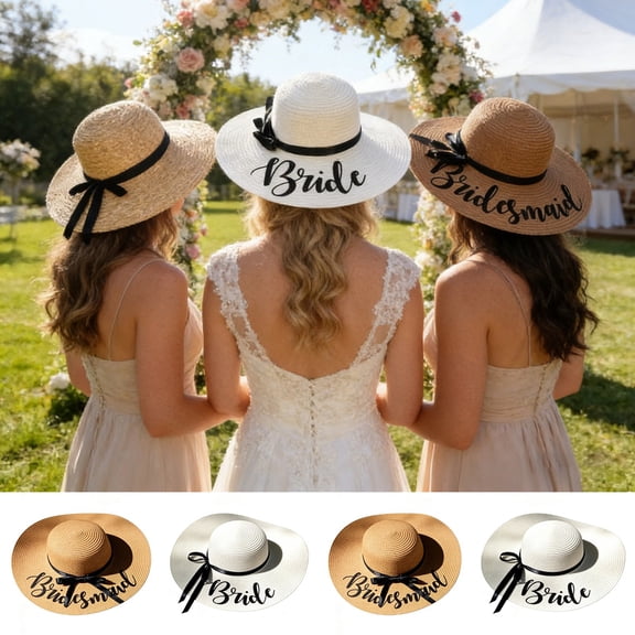 Women's Bride Embroidered White Sun Hat Wedding Party Wide Brim Beach Hat for Bridal Shower