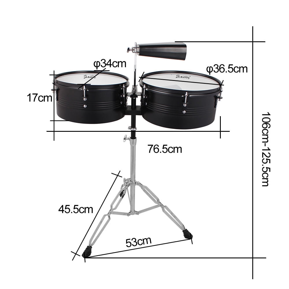 Percussion 13" & 14" Timbales Drum Set with Stand and Cowbell Black