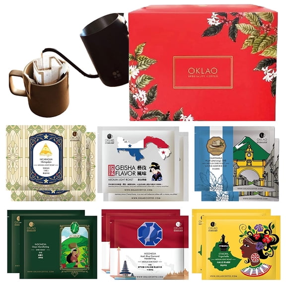 OKLAO Coffee Single-Serve Pour Over Drip Coffee, Specialty Grade Variety with Gooseneck Drip Kettle