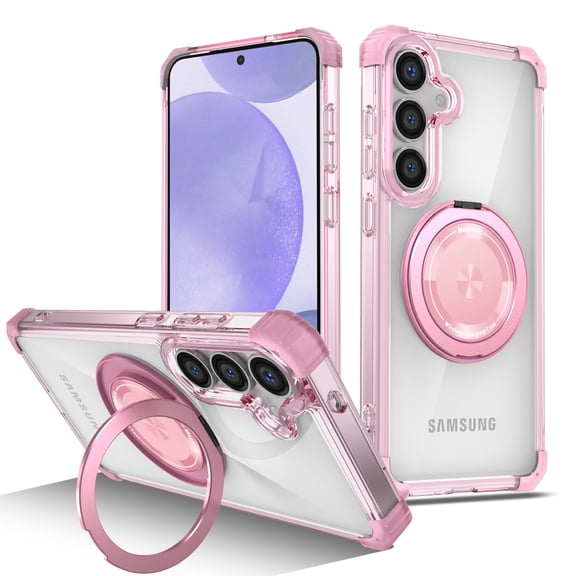 ShellTech Magnetic Clear Case for Samsung Galaxy S26 with 360° Rotatable Ring Kickstand, Compatible with MagSafe, Shockproof Heavy Duty Drop-Proof Slim Transparent Protective Phone Cover,Pink