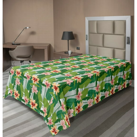 Ambesonne Floral Flat Sheet, Exotic Hawaiian Botanic, Twin Size, Multicolor