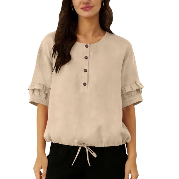 Camisetas de Manga Larga de Verano para las Mujeres Color Sólido Cuello Redondo Regular, Camisetas de Manga Corta de Verano para las Mujeres