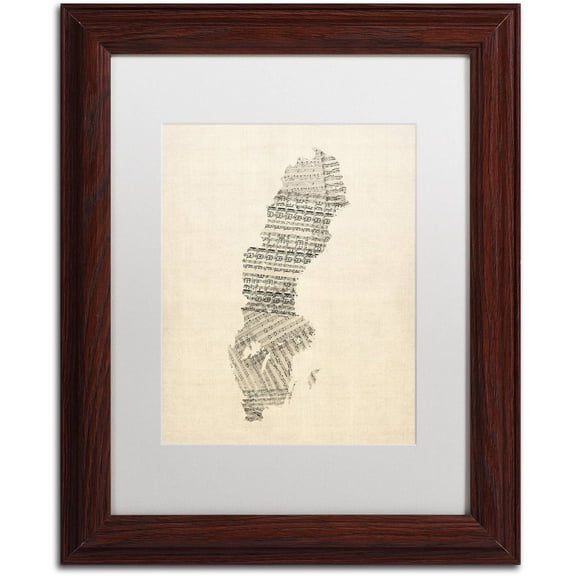Trademark Fine Art 'Old Sheet Music Map of Sweden' Canvas Art by Michael Tompsett, White Matte, Wood Frame