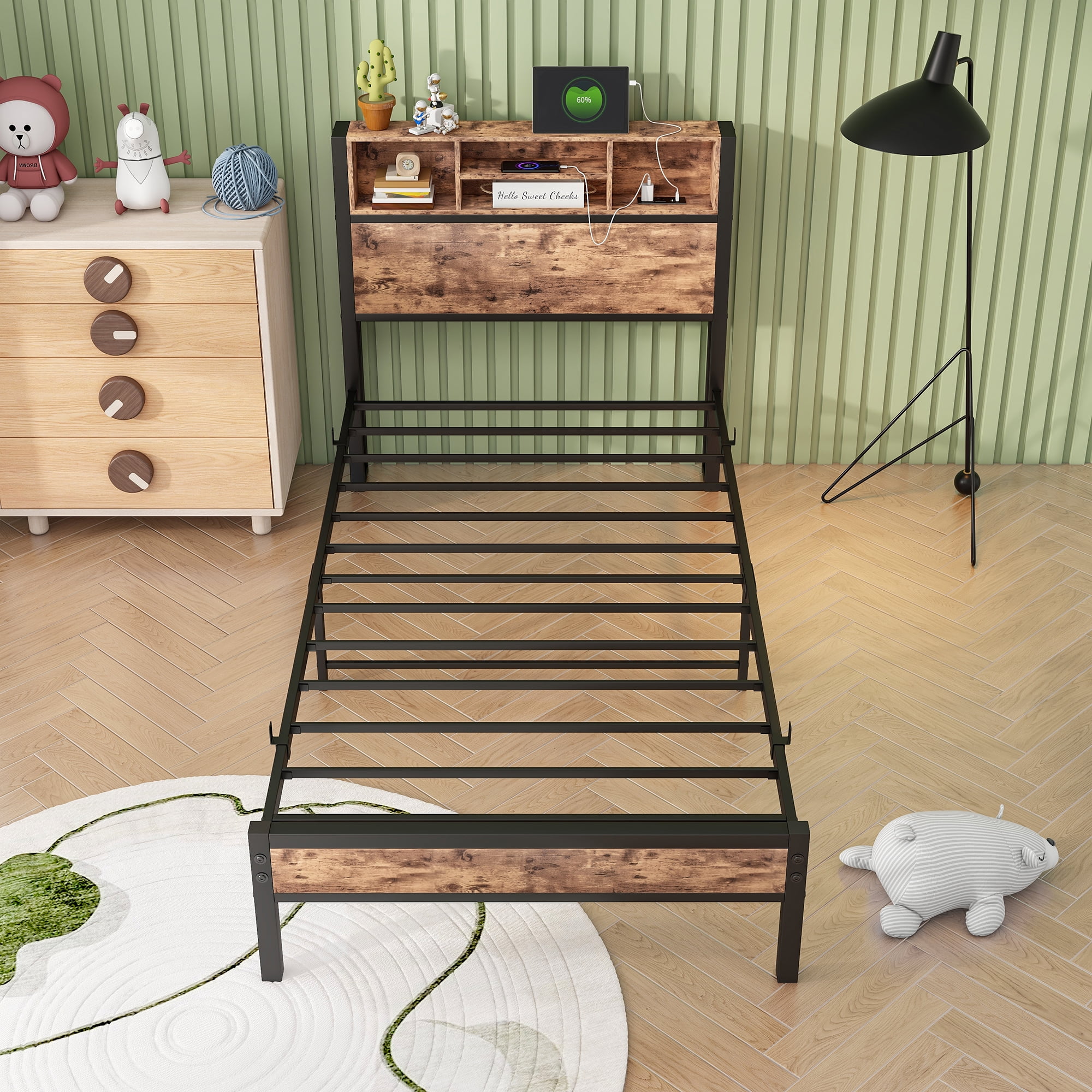 Twin Size Metal Platform Bed Frame with Storage Headboard - Charging Station, Bookcase, No Box Spring Needed