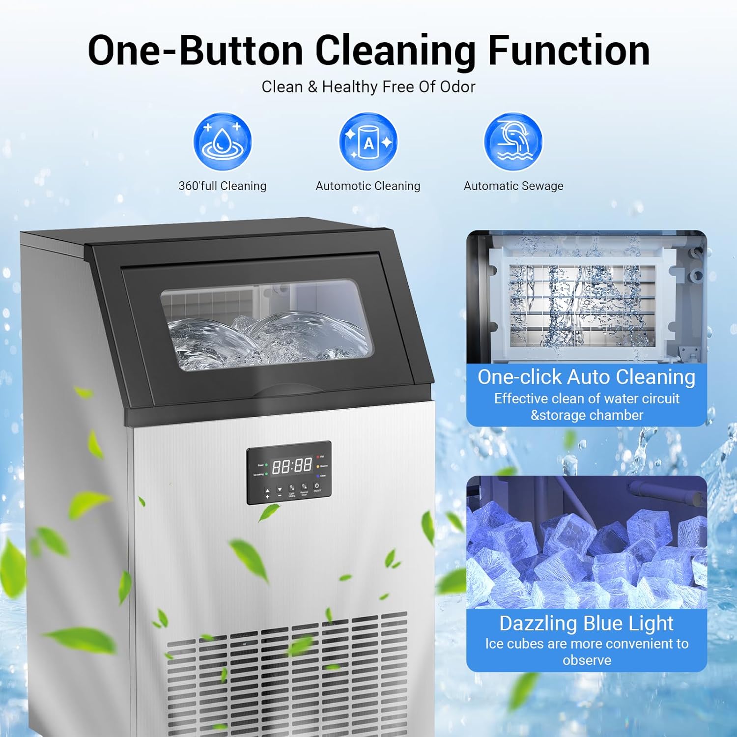 Commercial Ice Maker Machine, 150Lbs per Day Under Counter Ice Maker with 50Lbs Storage Bin, Produces Ice in 8-15 Mins, Freestanding Design for Restaurant, Bar, Home & Outdoor Use