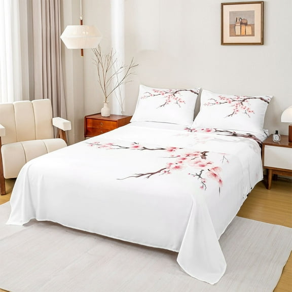 Manfei Cherry Blossom Sheet Set Twin,Japan Minimalist Style Bedding Sets Twin Size,Pink White Flower Twin Sheet Sets,Ultra Soft Room Decoration,3pcs