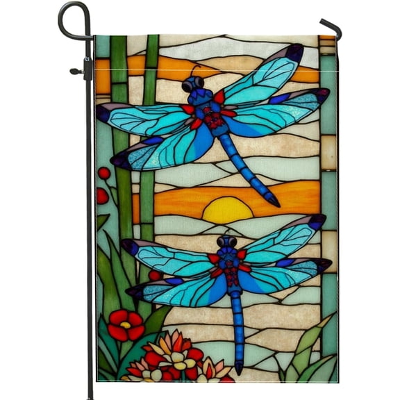Blue Dragonfly Garden Flag, Colorful Stained Glass Style Double Sided Outdoor Lawn Decoration Banner for Spring Summer Parties, 12 x 18 Inch