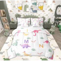 Manfei Cartoon Cute Dinosaur Bedding Comforter Set 7 Pieces, Kawaii Monogrammed Full Bedding Set, Teens Boys Girls Kids Reversible Fitted Sheet Flat Sheet, Super Cozy Room Decor