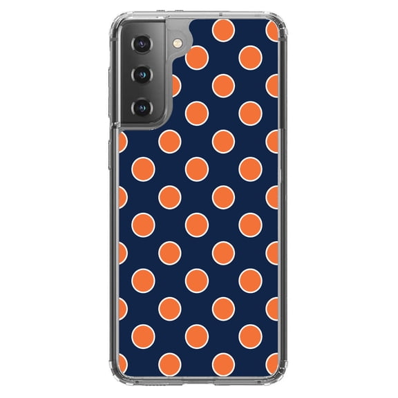 DistinctInk Clear Shockproof Hybrid Case for Galaxy S21  PLUS 5G (6.7" Screen) - TPU Bumper, Acrylic Back, Tempered Glass Screen Protector - Navy Orange White Polka Dots